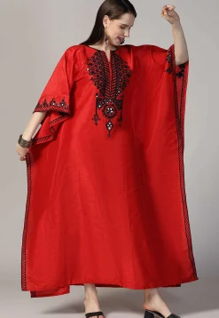 Embroidered Raw Silk Kaftan Style Dress in Red