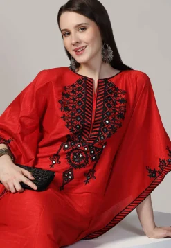 Embroidered Raw Silk Kaftan Style Dress in Red