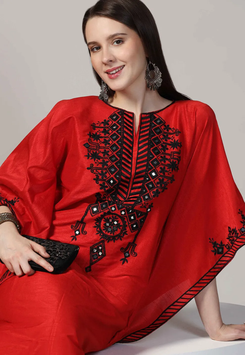 Embroidered Raw Silk Kaftan Style Dress in Red