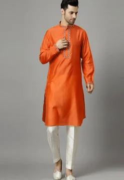 Embroidered Raw Silk Kurta Set in Orange