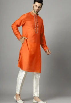Embroidered Raw Silk Kurta Set in Orange