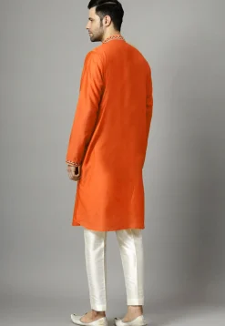 Embroidered Raw Silk Kurta Set in Orange