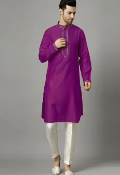 Embroidered Raw Silk Kurta Set in Purple
