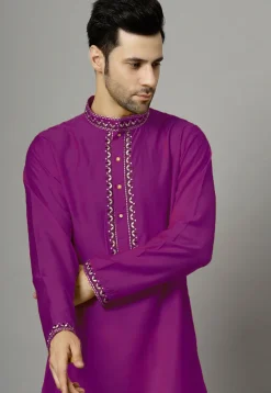 Embroidered Raw Silk Kurta Set in Purple