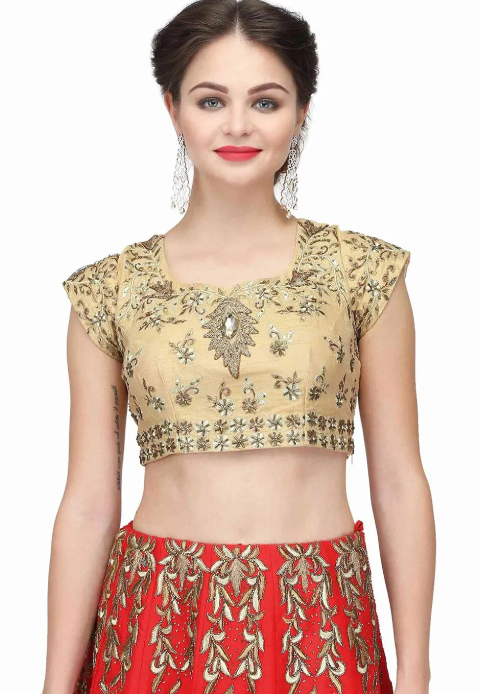 Embroidered Raw Silk Lehenga in Red