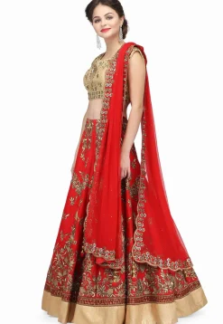 Embroidered Raw Silk Lehenga in Red