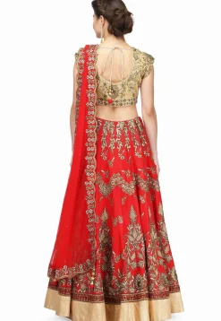 Embroidered Raw Silk Lehenga in Red