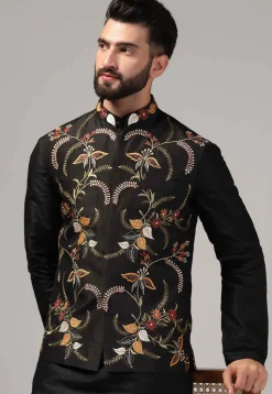 Embroidered Raw Silk Nehru Jacket in Black