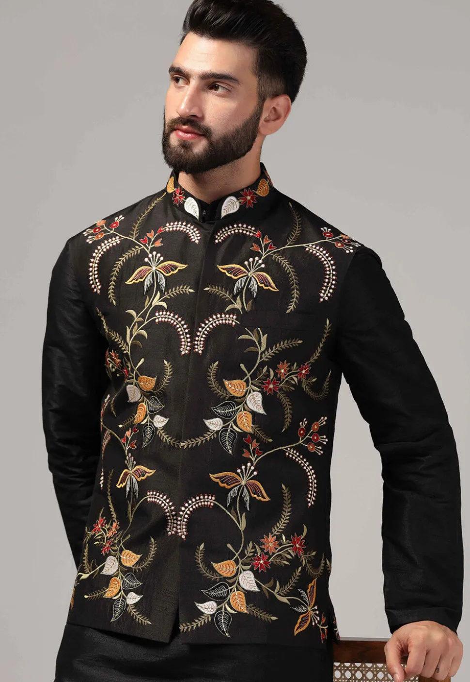 Embroidered Raw Silk Nehru Jacket in Black