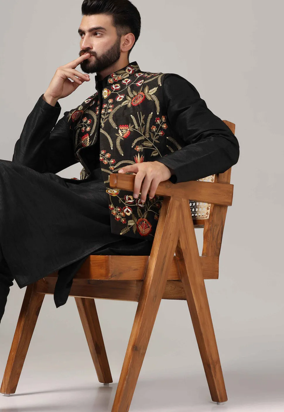 Embroidered Raw Silk Nehru Jacket in Black