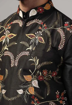Embroidered Raw Silk Nehru Jacket in Black