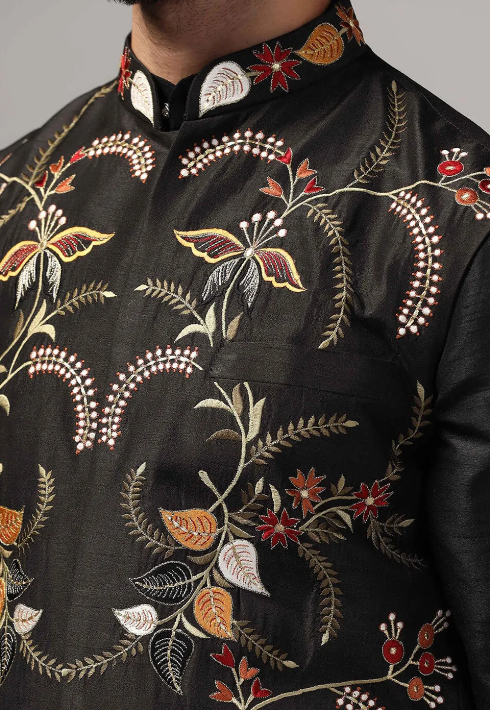 Embroidered Raw Silk Nehru Jacket in Black