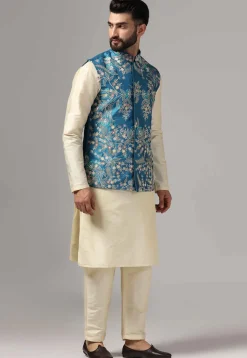 Embroidered Raw Silk Nehru Jacket in Blue