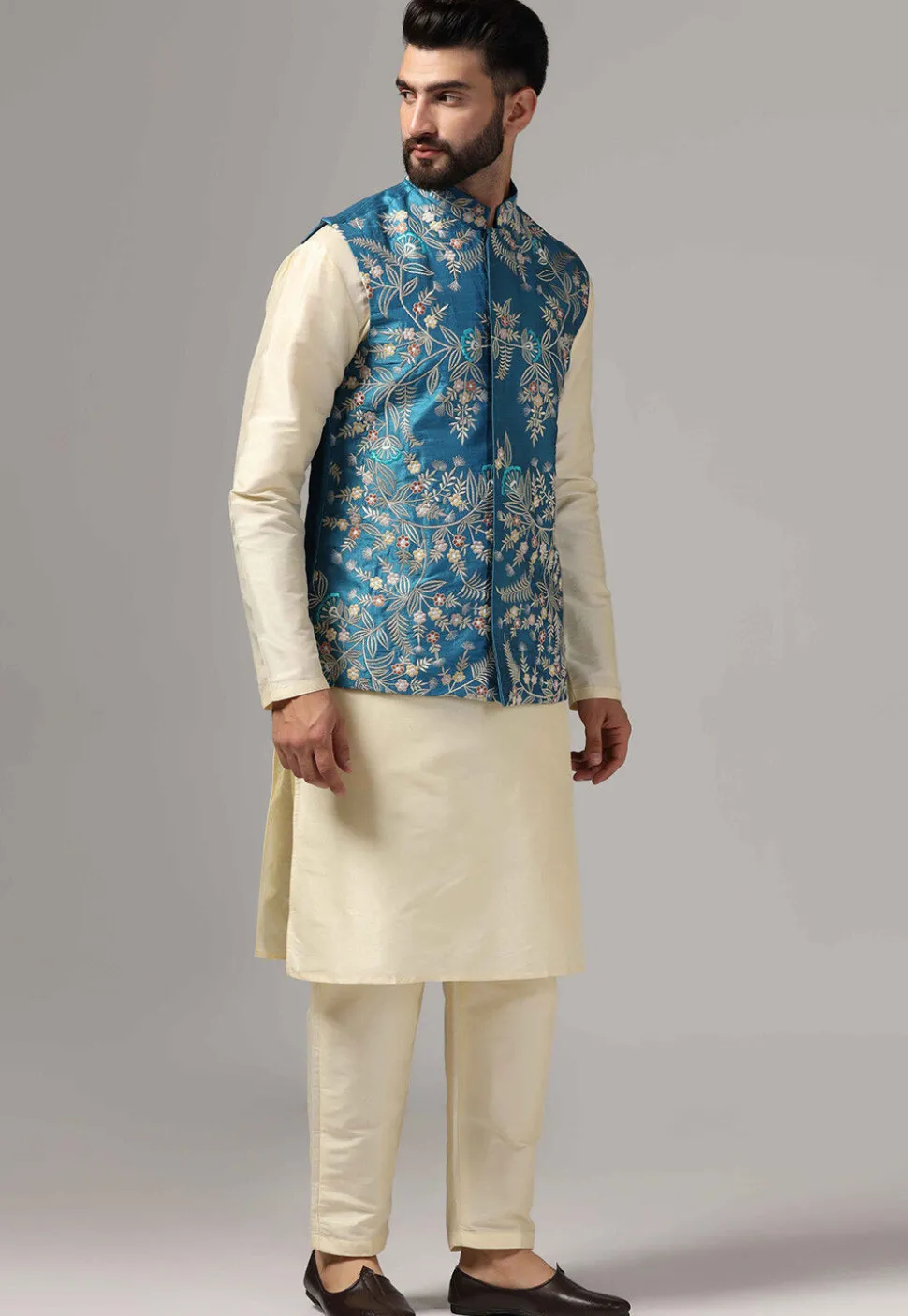Embroidered Raw Silk Nehru Jacket in Blue