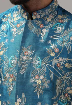 Embroidered Raw Silk Nehru Jacket in Blue