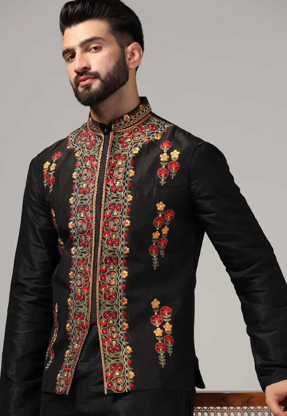 Embroidered Raw Silk Nehru Jacket in Black