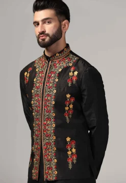Embroidered Raw Silk Nehru Jacket in Black