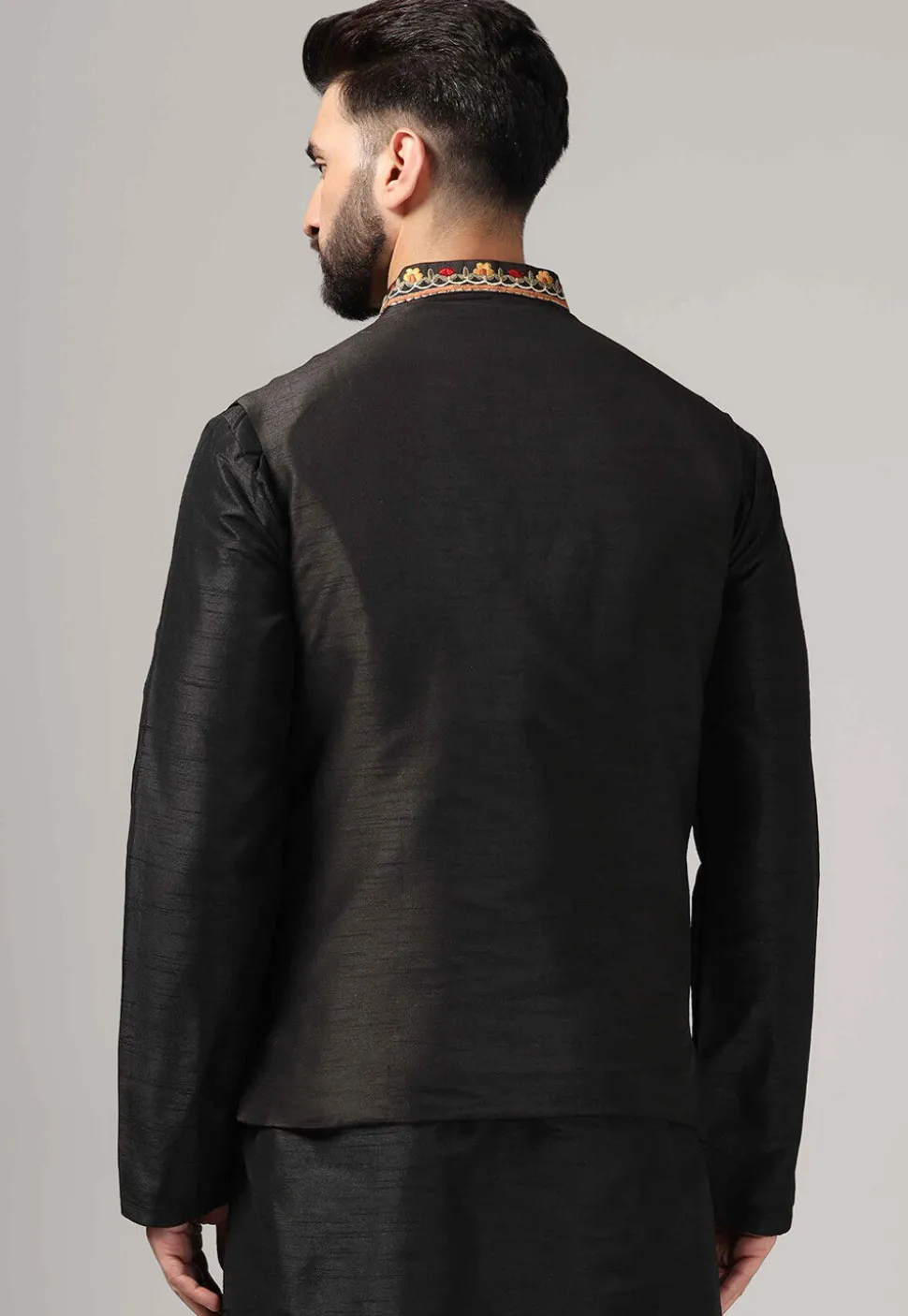 Embroidered Raw Silk Nehru Jacket in Black