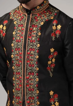 Embroidered Raw Silk Nehru Jacket in Black