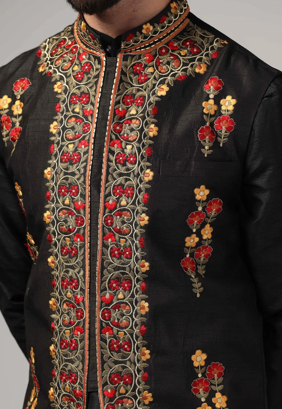 Embroidered Raw Silk Nehru Jacket in Black