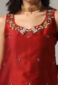Embroidered Raw Silk Pakistani Suit in Maroon