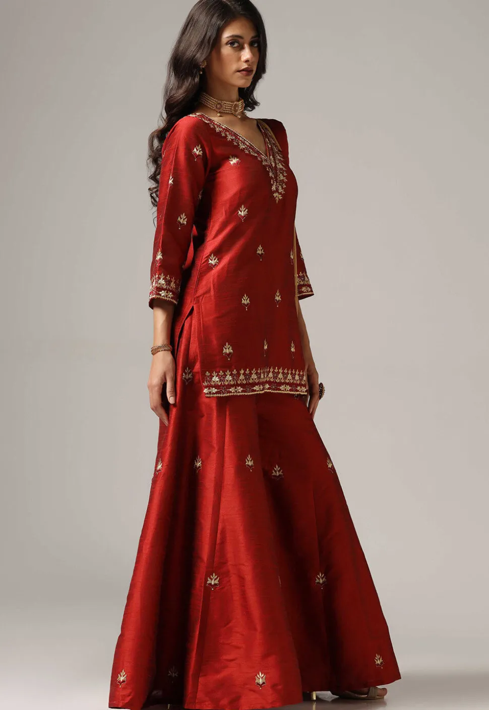 Embroidered Raw Silk Pakistani Suit in Maroon