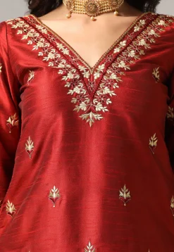 Embroidered Raw Silk Pakistani Suit in Maroon
