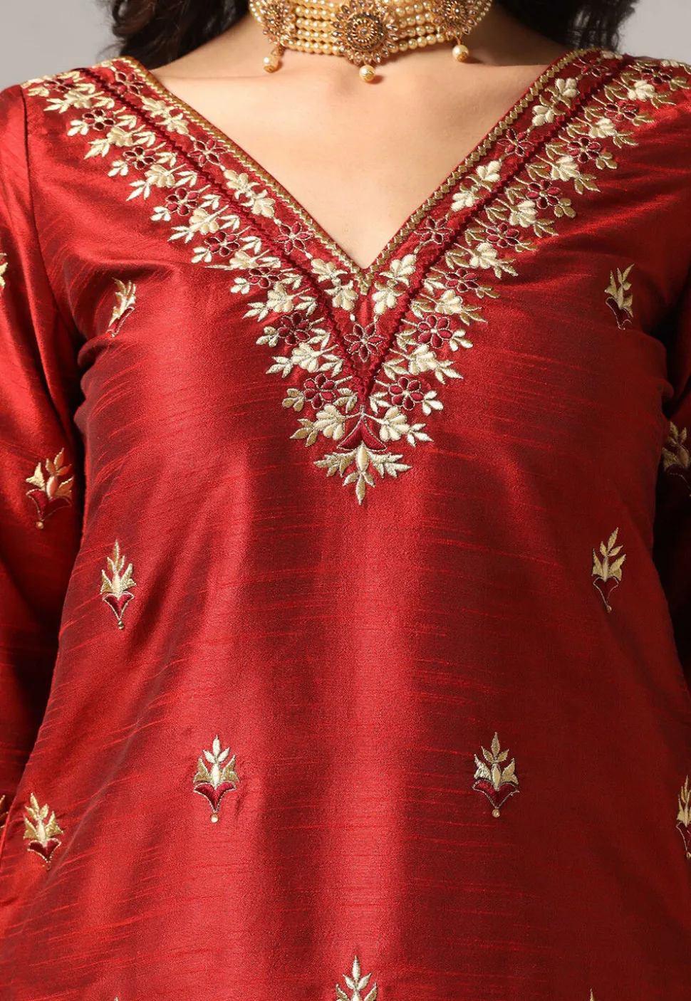 Embroidered Raw Silk Pakistani Suit in Maroon