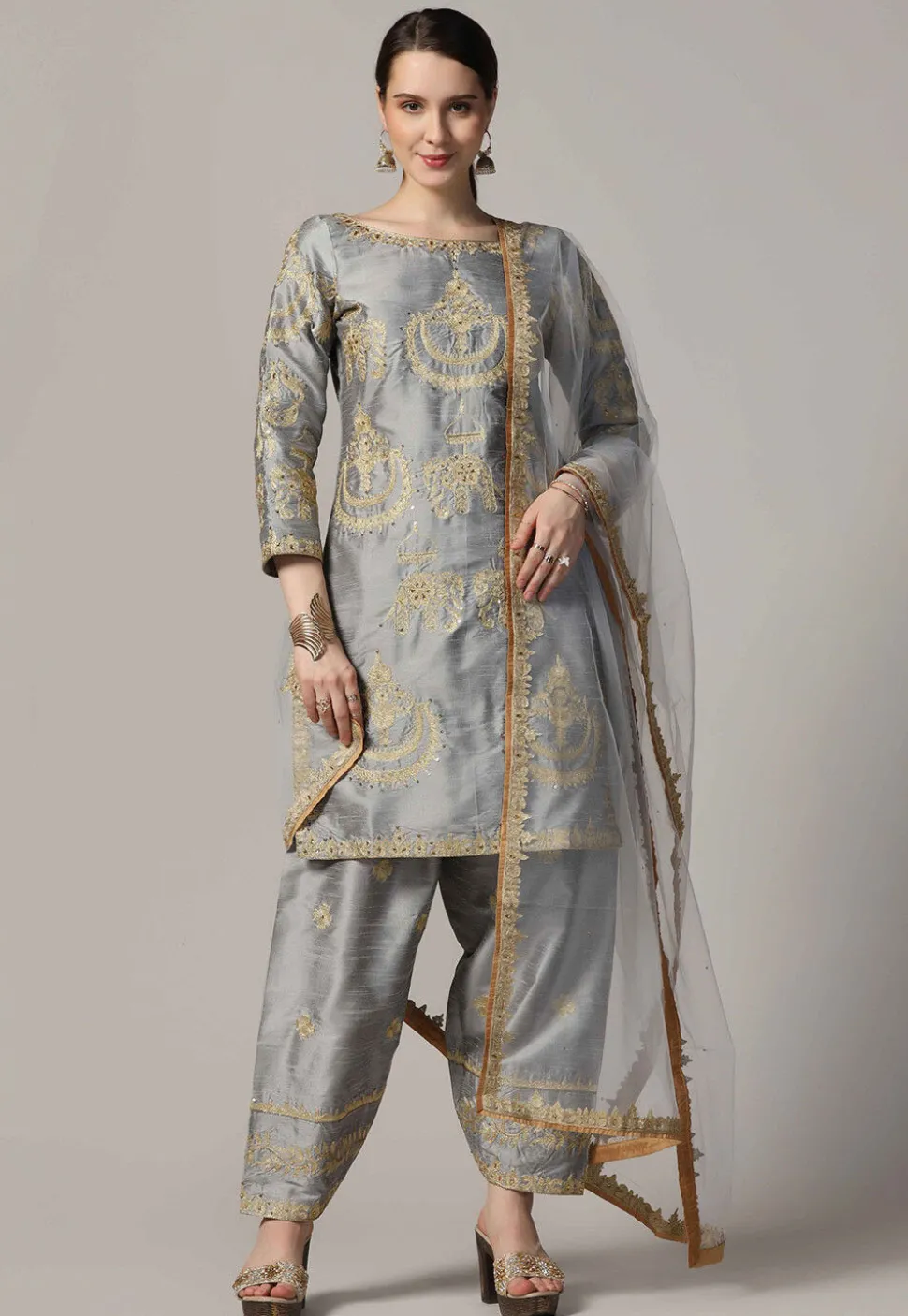 Embroidered Raw Silk Punjabi Suit in Grey