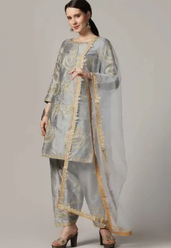 Embroidered Raw Silk Punjabi Suit in Grey