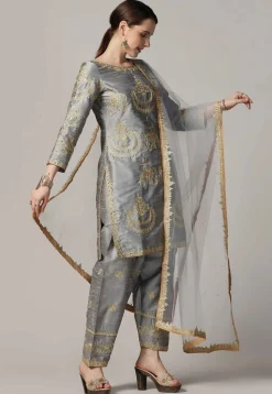 Embroidered Raw Silk Punjabi Suit in Grey