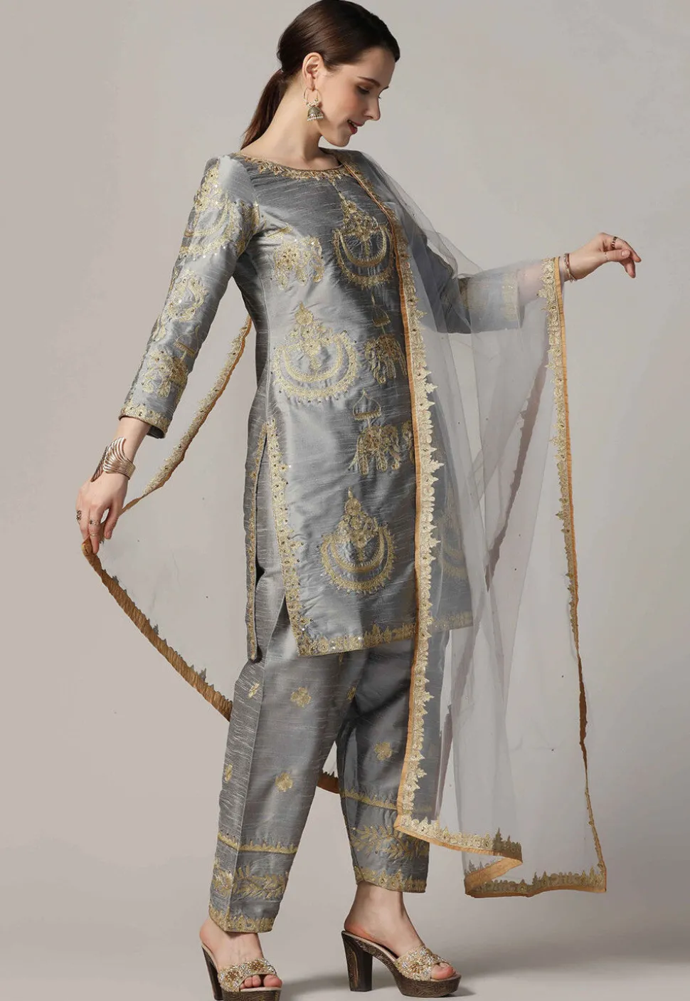 Embroidered Raw Silk Punjabi Suit in Grey