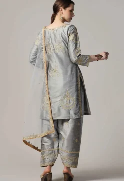 Embroidered Raw Silk Punjabi Suit in Grey