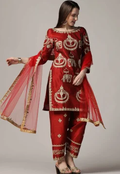 Embroidered Raw Silk Punjabi Suit in Maroon