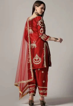 Embroidered Raw Silk Punjabi Suit in Maroon