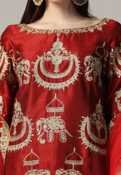Embroidered Raw Silk Punjabi Suit in Maroon