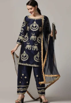 Embroidered Raw Silk Punjabi Suit in Navy Blue