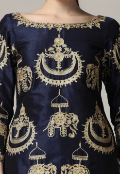 Embroidered Raw Silk Punjabi Suit in Navy Blue