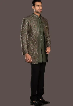 Embroidered Raw Silk Sherwani in Dark Olive Green