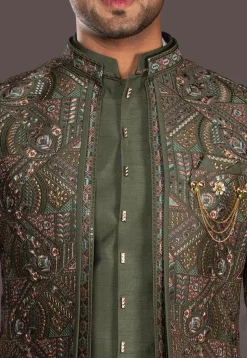 Embroidered Raw Silk Sherwani in Dark Olive Green