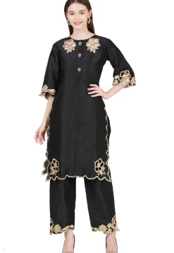 Embroidered Raw Silk Straight Kurta Set in Black