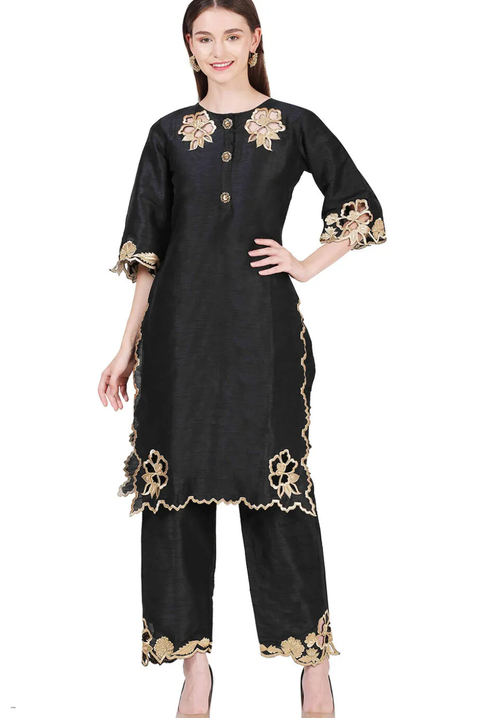 Embroidered Raw Silk Straight Kurta Set in Black