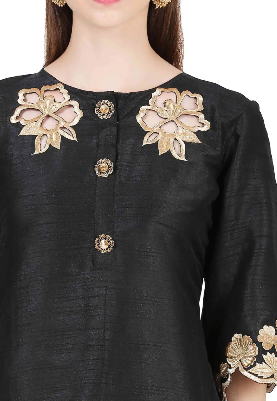 Embroidered Raw Silk Straight Kurta Set in Black