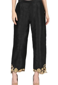 Embroidered Raw Silk Straight Kurta Set in Black
