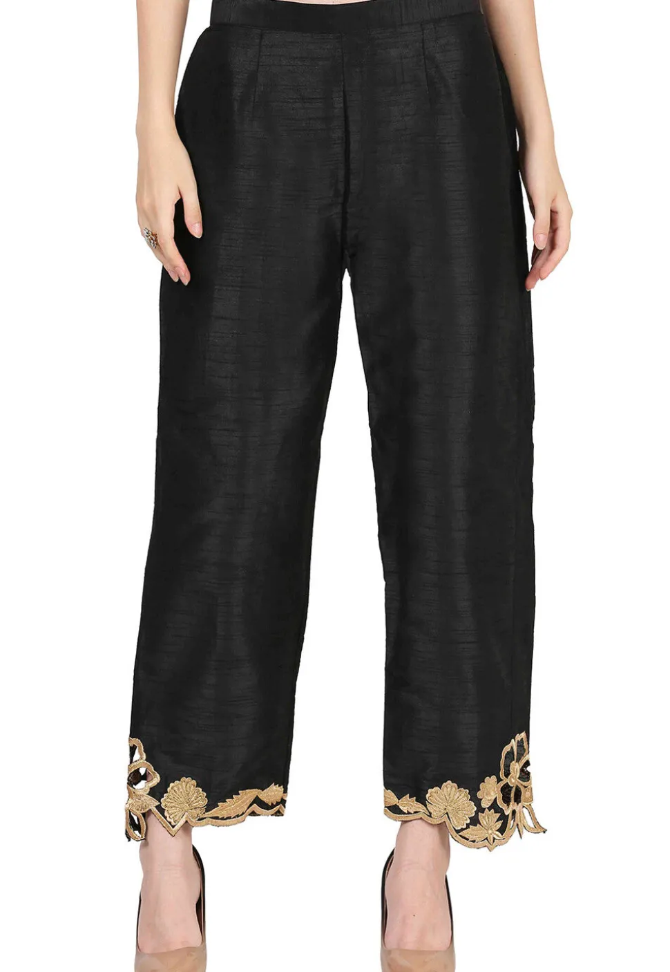 Embroidered Raw Silk Straight Kurta Set in Black