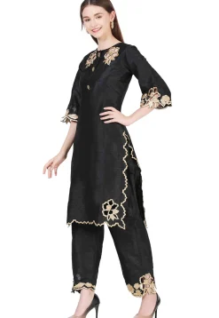 Embroidered Raw Silk Straight Kurta Set in Black