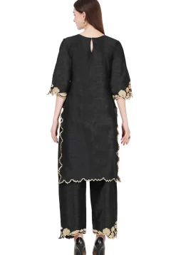 Embroidered Raw Silk Straight Kurta Set in Black