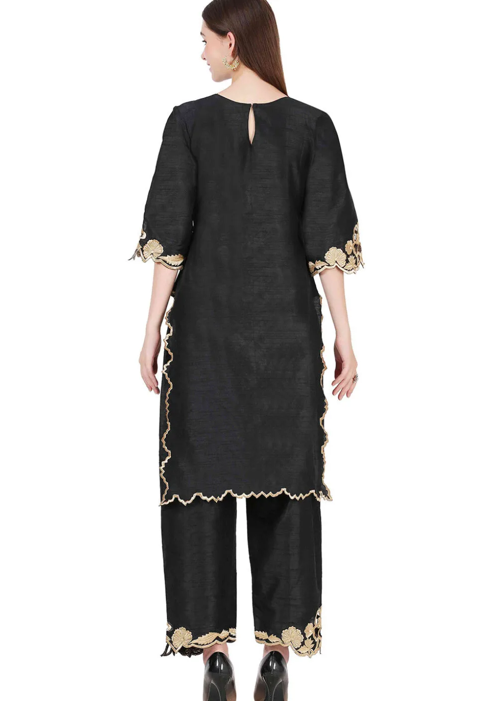 Embroidered Raw Silk Straight Kurta Set in Black