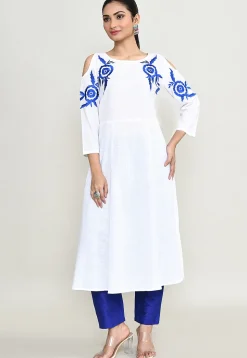 Embroidered Rayon A Line Kurta Set in Off White