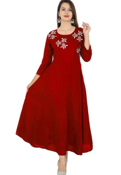 Embroidered Rayon A Line Kurta in Red